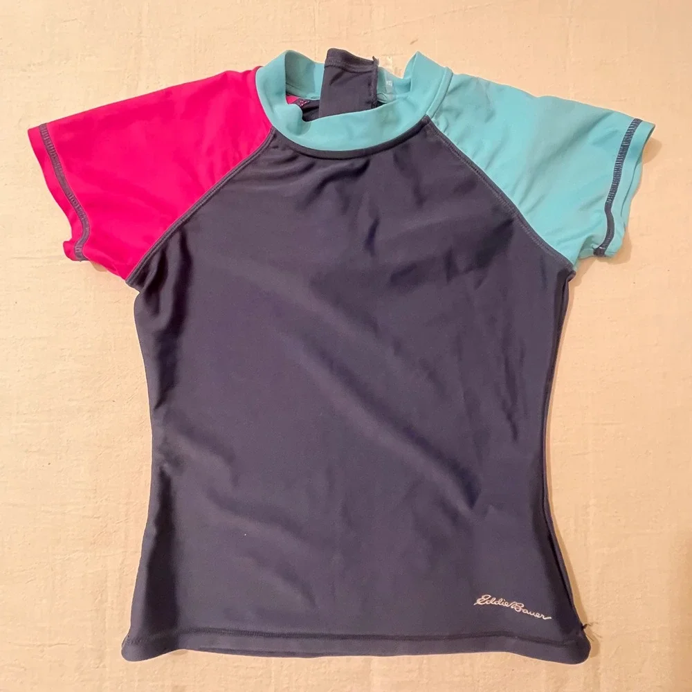Eddie Bauer Kids Size Small 7/8 Swim Shirt‎ Rash Guard Short Sleeve Blue Beach